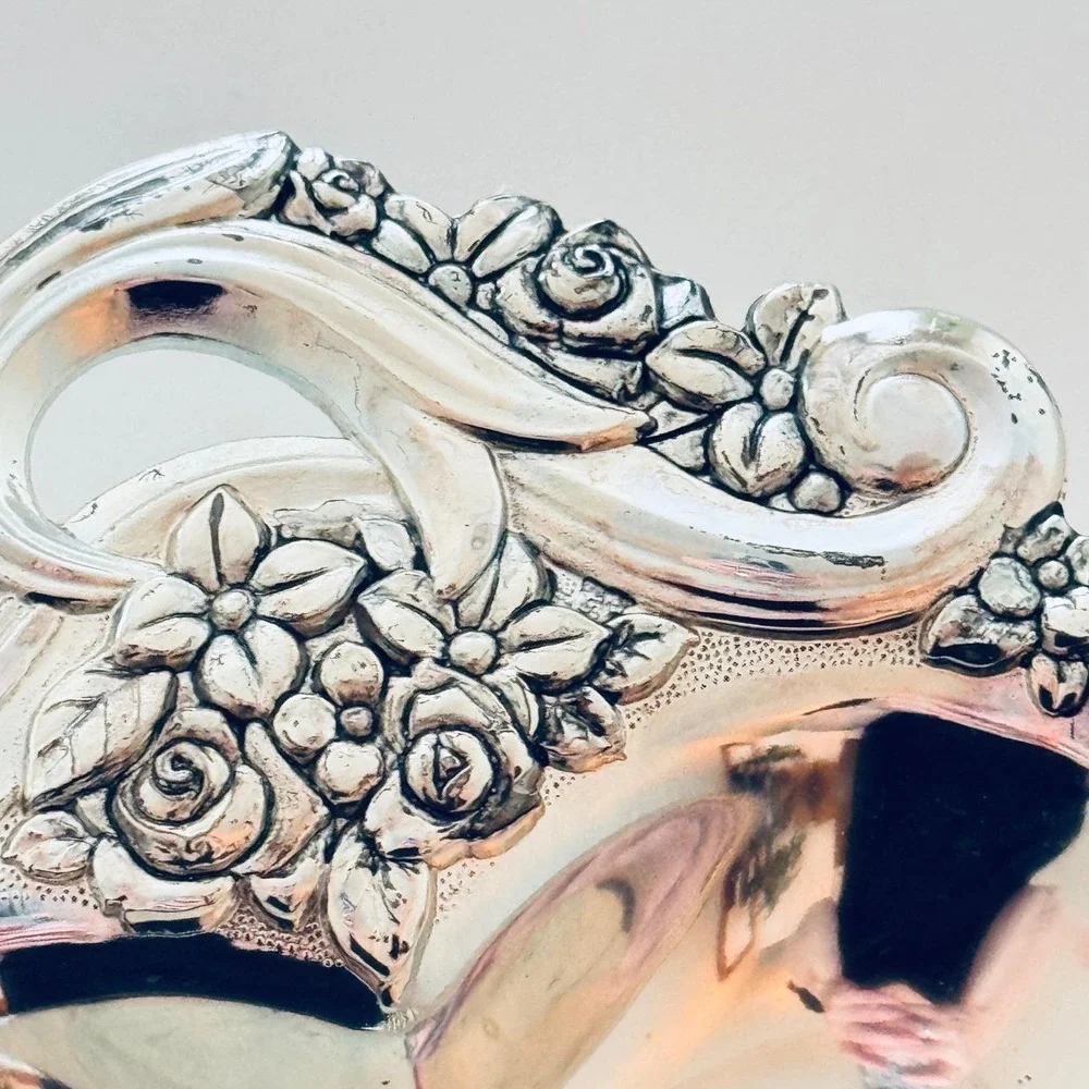 Vintage Heart Silver Plate Trinket Dish Floral Repousse Rose Japan Catchall 6